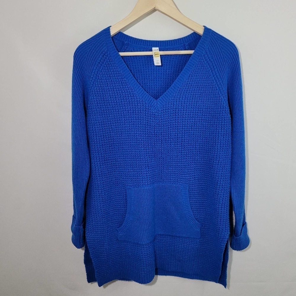 Lole Blue Wool Blend VNeck Kangaroo Pocket Sweater